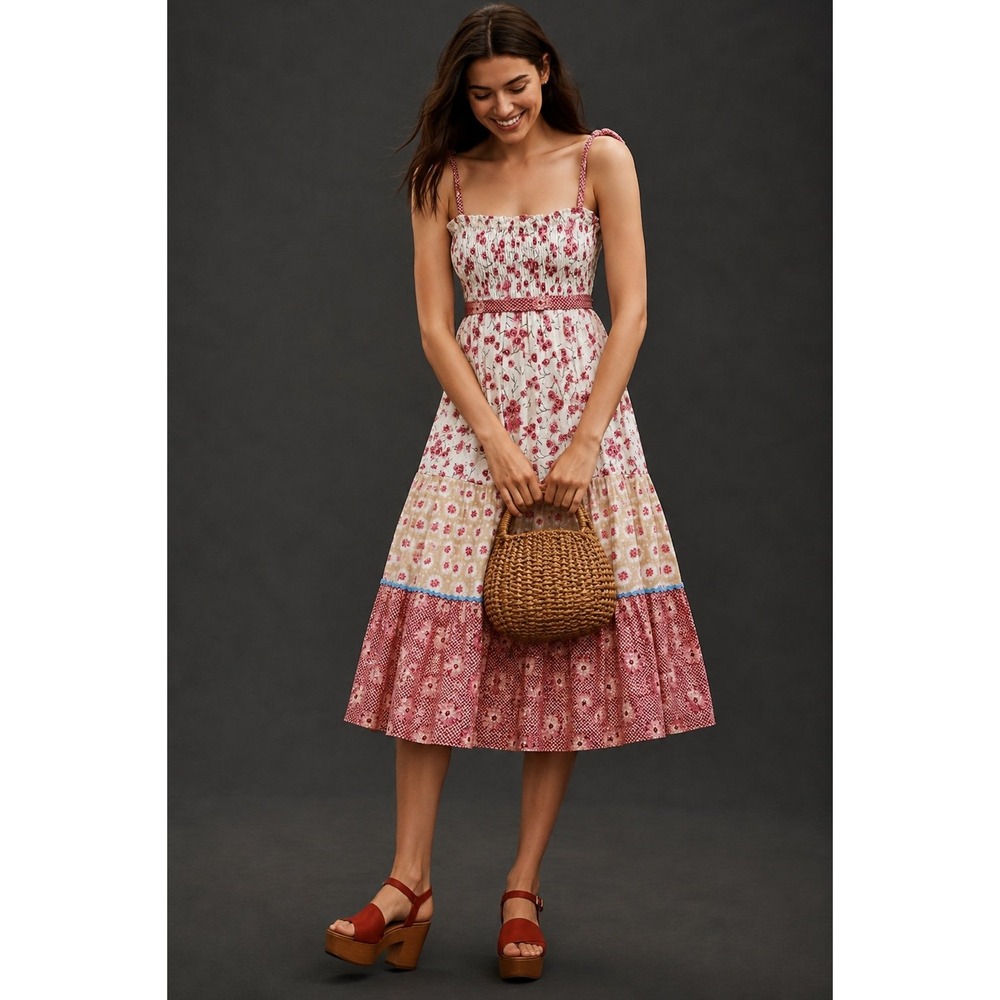 Free People Floral Patchwork Midi Dress Size S Smocked Removable Straps Boho